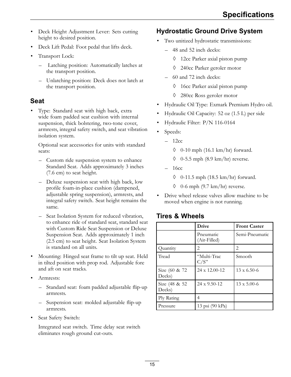 Specifications | Exmark LAZER Z 4500-471 User Manual | Page 15 / 56