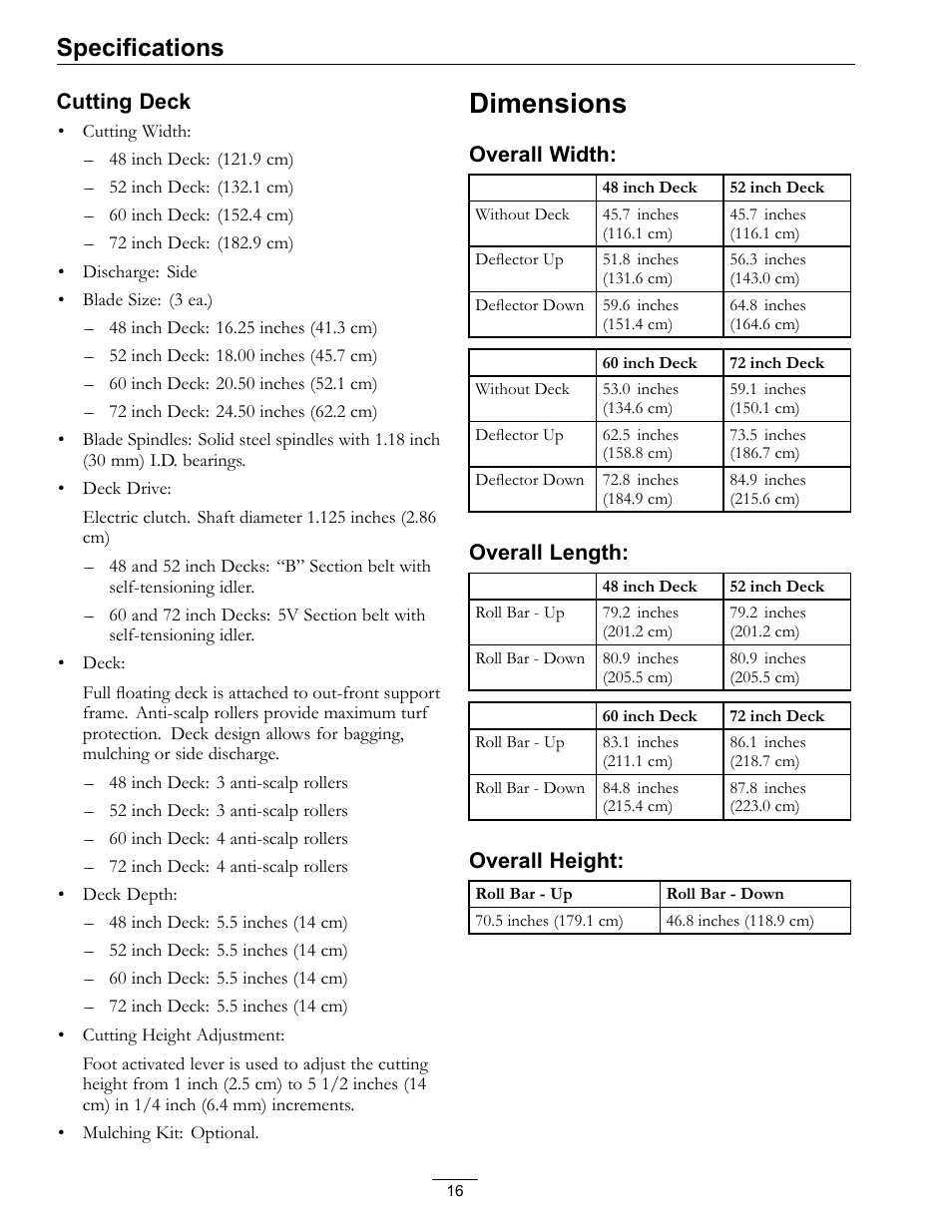 Dimensions, Specifications | Exmark LAZER Z 4500-471 User Manual | Page 16 / 56