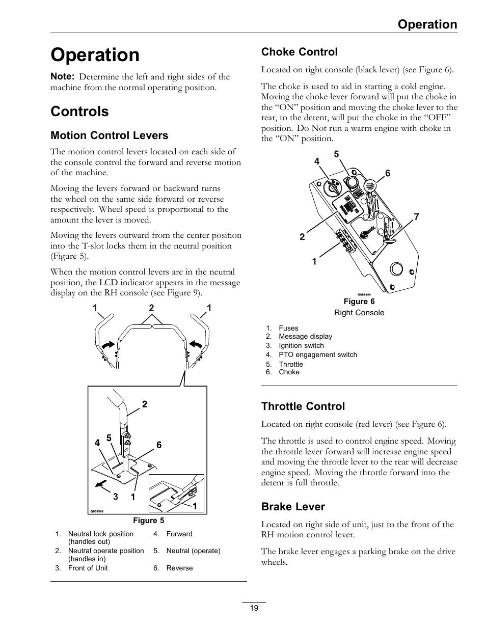 Operation, Controls, Motion control levers | Choke control, Throttle control, Brake lever | Exmark LAZER Z 4500-471 User Manual | Page 19 / 56