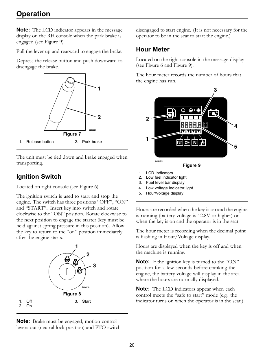 Figure 9, Operation, Ignition switch | Hour meter | Exmark LAZER Z 4500-471 User Manual | Page 20 / 56