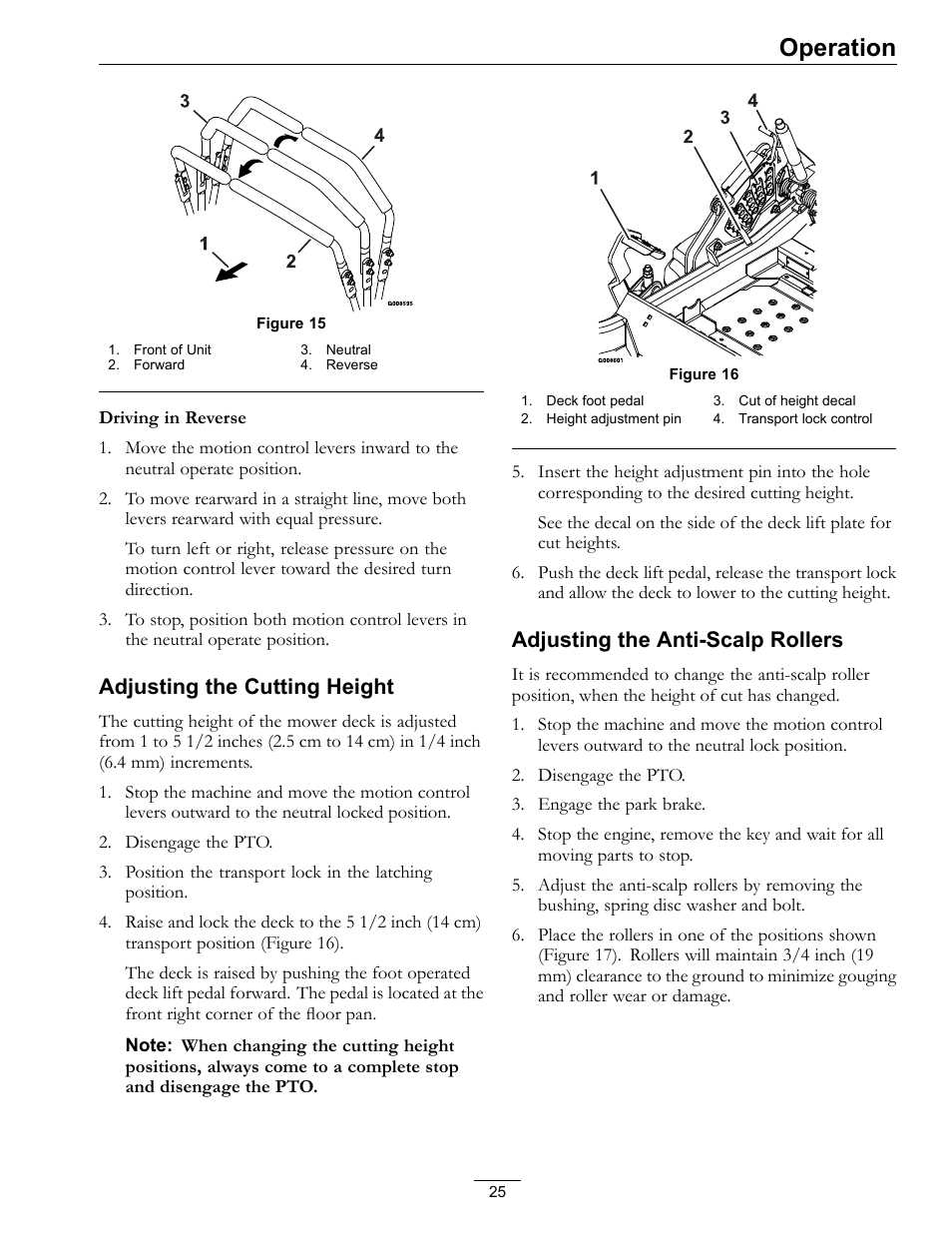 Operation, Adjusting the cutting height, Adjusting the anti-scalp rollers | Exmark LAZER Z 4500-471 User Manual | Page 25 / 56