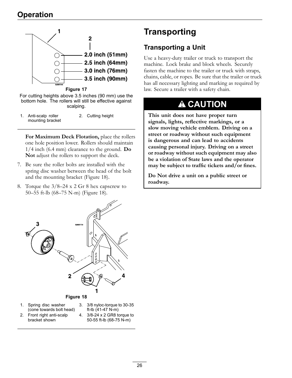 Transporting, Caution, Operation | Transporting a unit | Exmark LAZER Z 4500-471 User Manual | Page 26 / 56