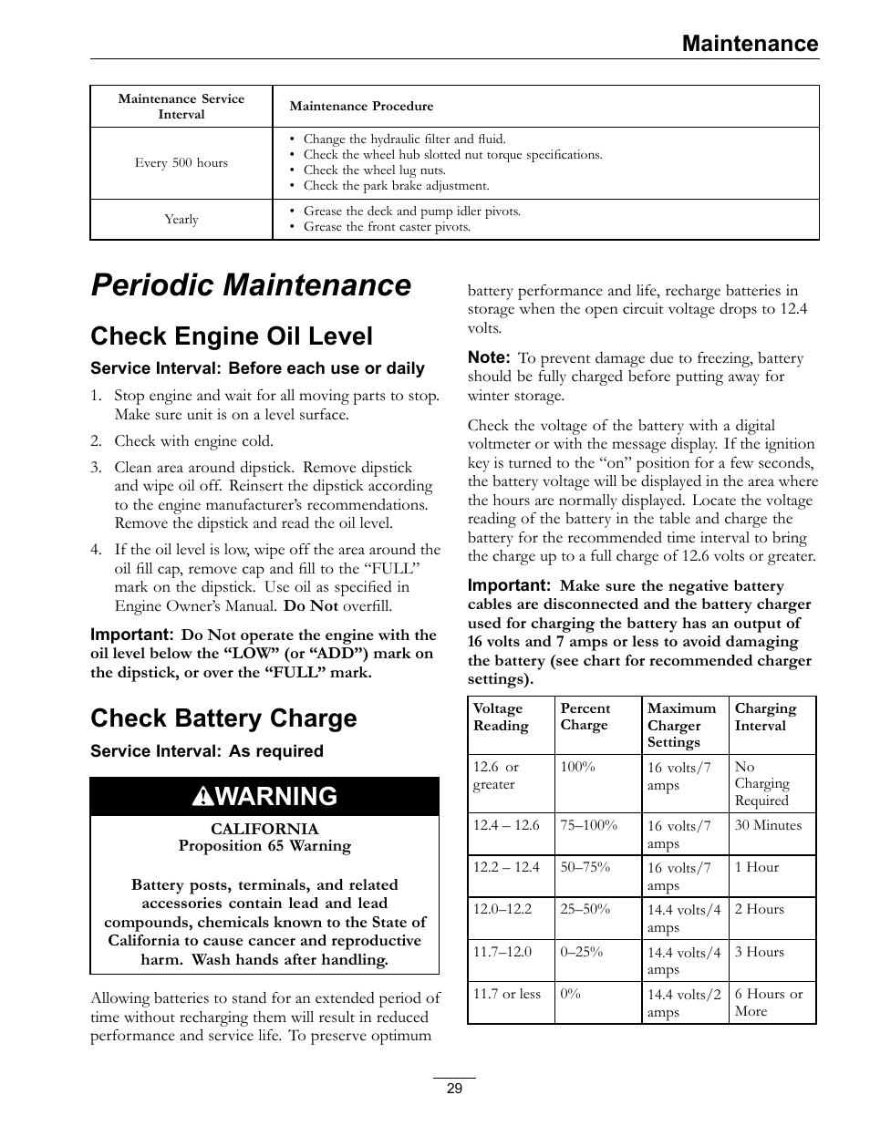 Periodic maintenance, Check engine oil level, Check battery charge | Warning, Maintenance | Exmark LAZER Z 4500-471 User Manual | Page 29 / 56