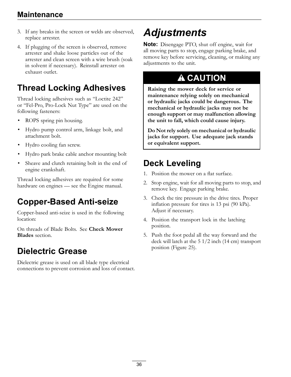 Adjustments, Deck leveling, Thread locking adhesives | Copper-based anti-seize, Dielectric grease, Caution, Maintenance | Exmark LAZER Z 4500-471 User Manual | Page 36 / 56