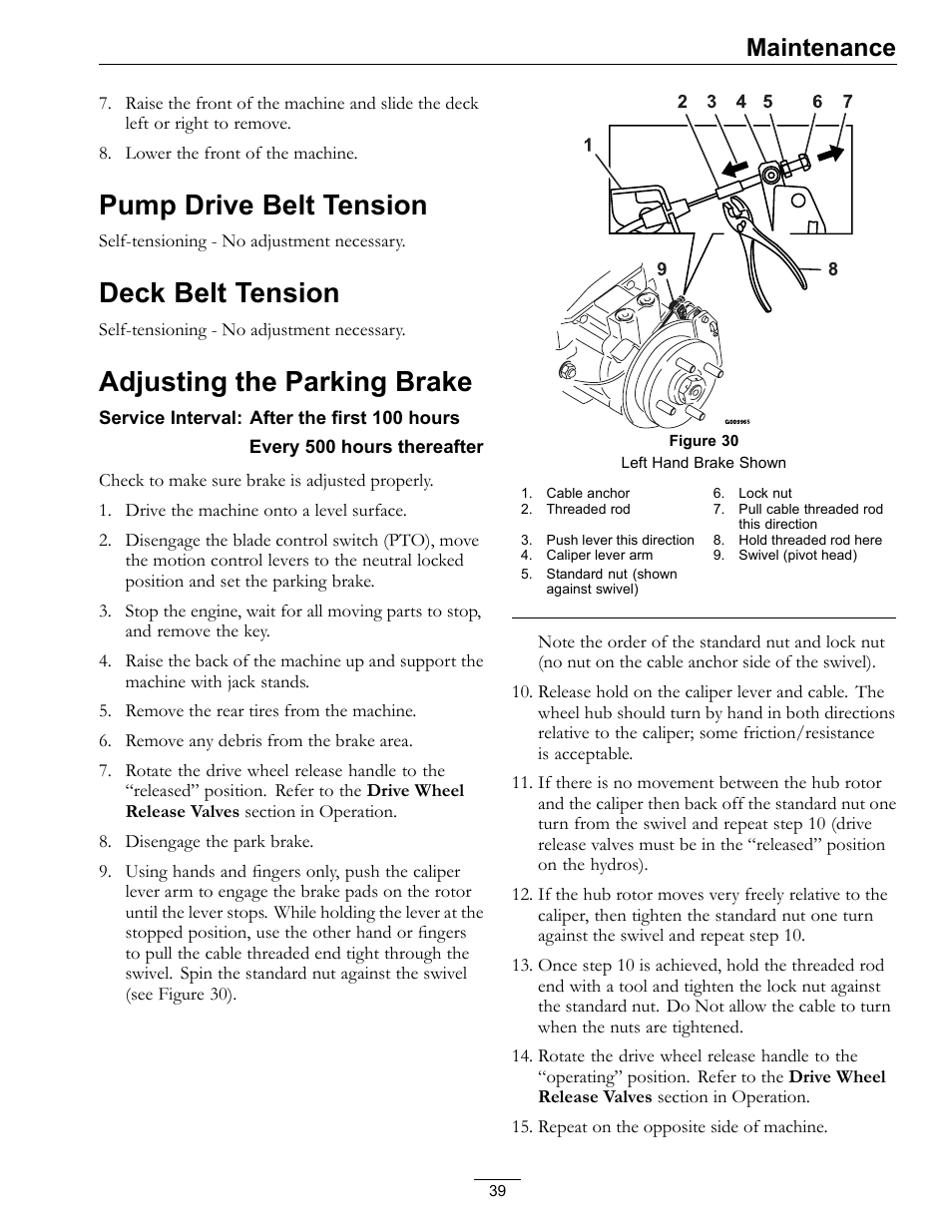 Pump drive belt tension, Deck belt tension, Adjusting the parking brake | Maintenance | Exmark LAZER Z 4500-471 User Manual | Page 39 / 56