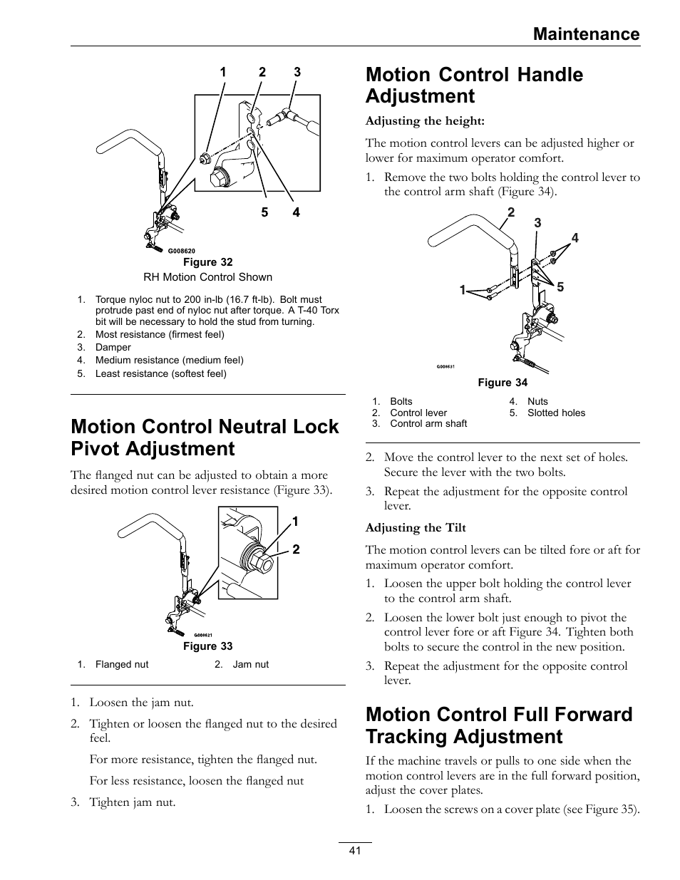 Motion control neutral lock pivot, Adjustment, Motion control neutral lock pivot adjustment | Motion control handle adjustment, Motion control full forward tracking adjustment, Maintenance | Exmark LAZER Z 4500-471 User Manual | Page 41 / 56