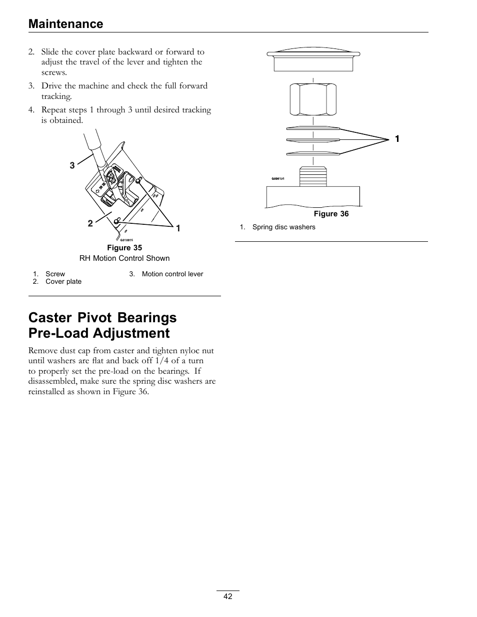 Caster pivot bearings pre-load, Adjustment, Figure 35) | Caster pivot bearings pre-load adjustment, Maintenance | Exmark LAZER Z 4500-471 User Manual | Page 42 / 56