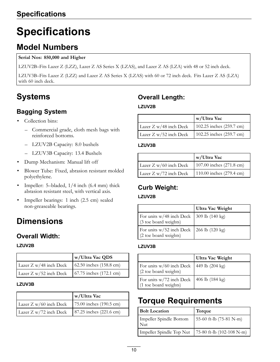 Specifications, Model numbers, Systems | Dimensions, Torque requirements | Exmark Ultra Vac 000 & higher User Manual | Page 10 / 28