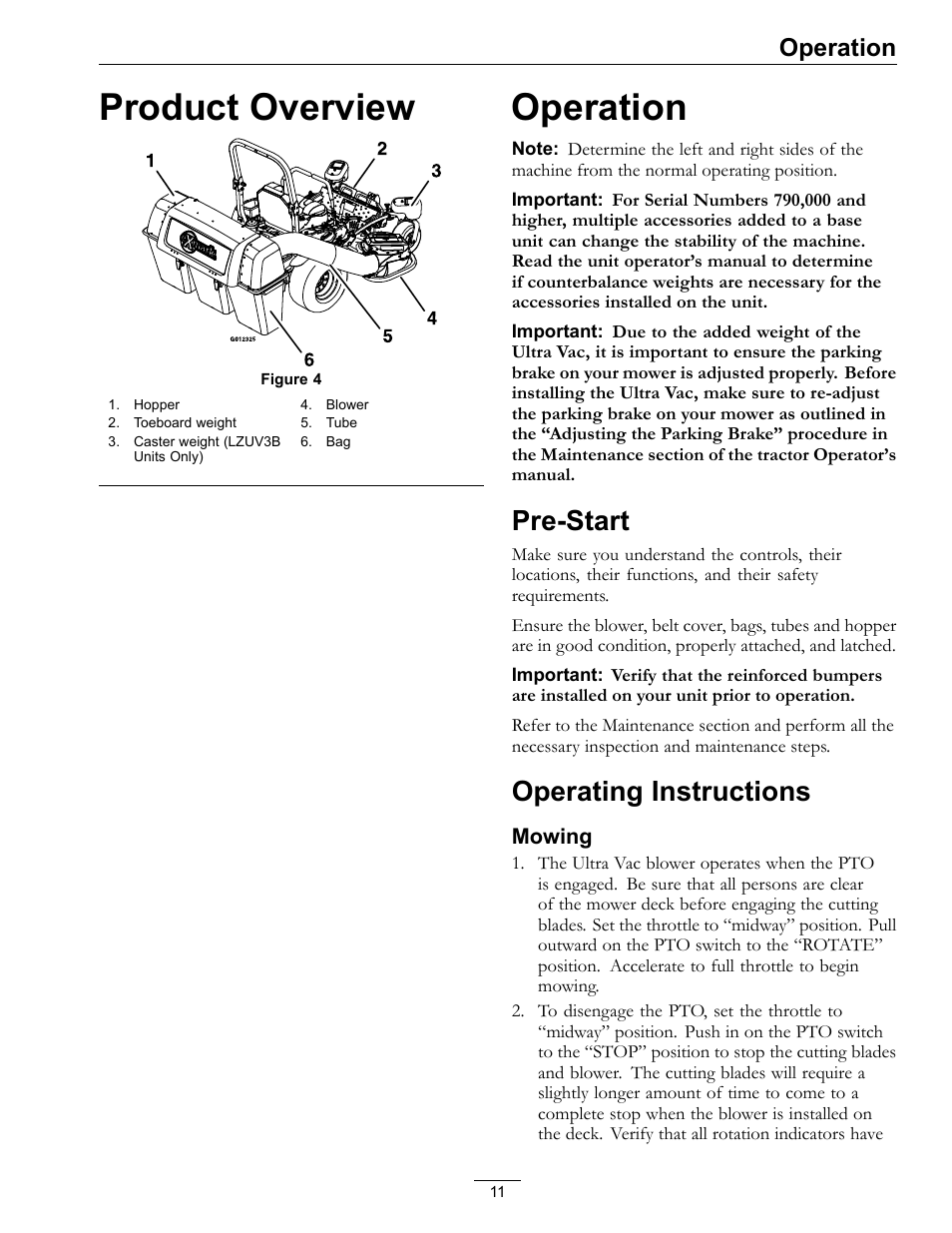 Product overview operation, Pre-start operating instructions, Product overview | Pre-start, Operating instructions, Operation | Exmark Ultra Vac 000 & higher User Manual | Page 11 / 28