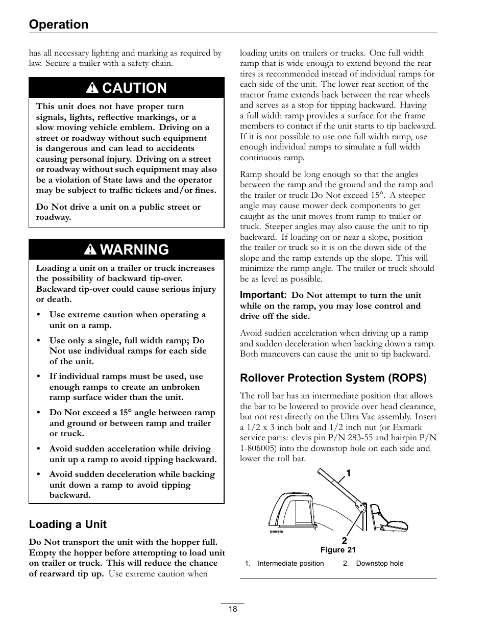 Caution, Warning, Operation | Exmark Ultra Vac 000 & higher User Manual | Page 18 / 28