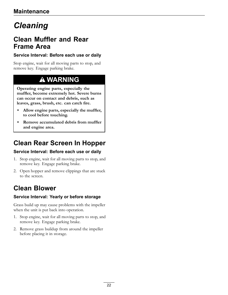 Cleaning, Clean muffler and rear frame area, Warning | Clean rear screen in hopper, Clean blower, Maintenance | Exmark Ultra Vac 000 & higher User Manual | Page 22 / 28