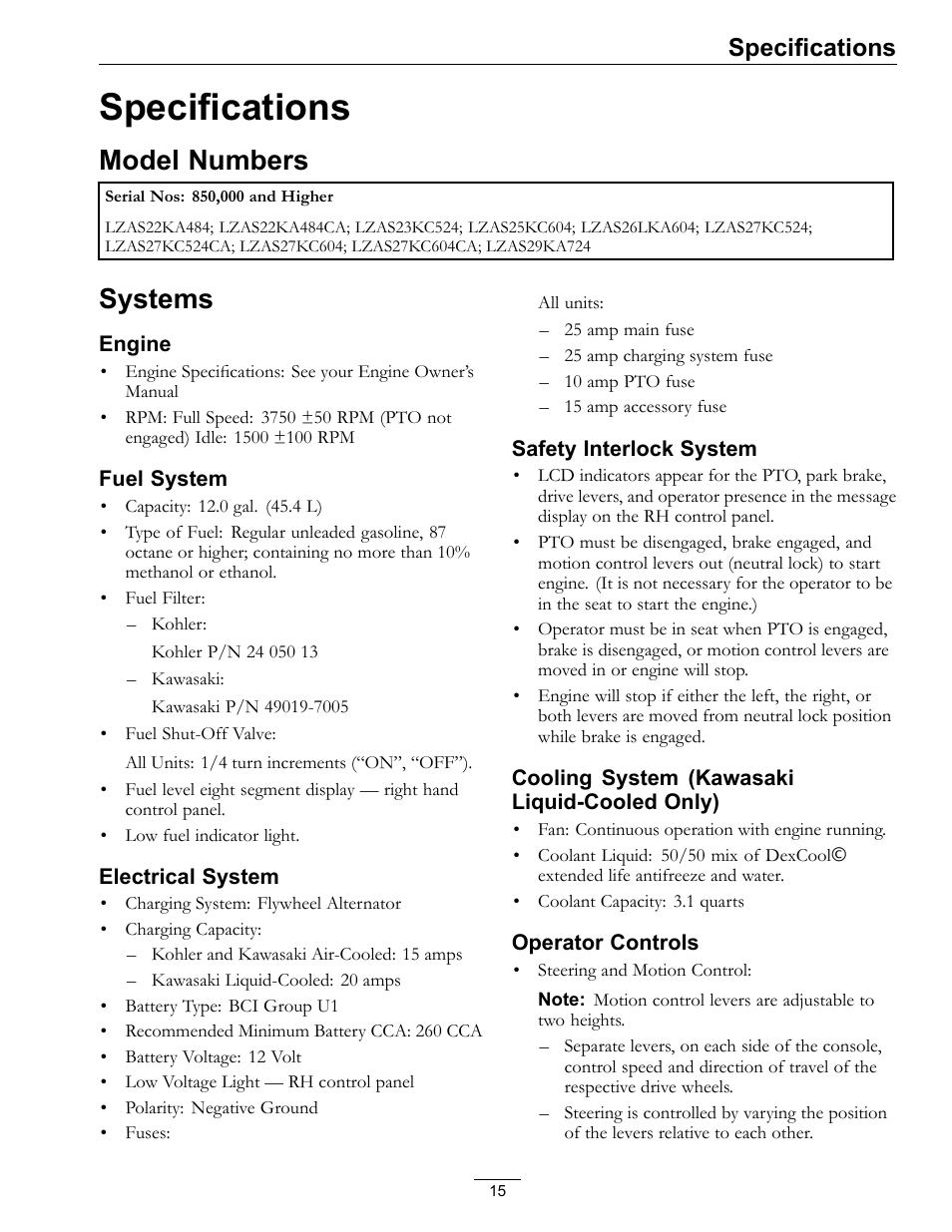 Specifications, Model numbers systems, Model numbers | Systems | Exmark Lazer Z Advantage Series X User Manual | Page 15 / 64