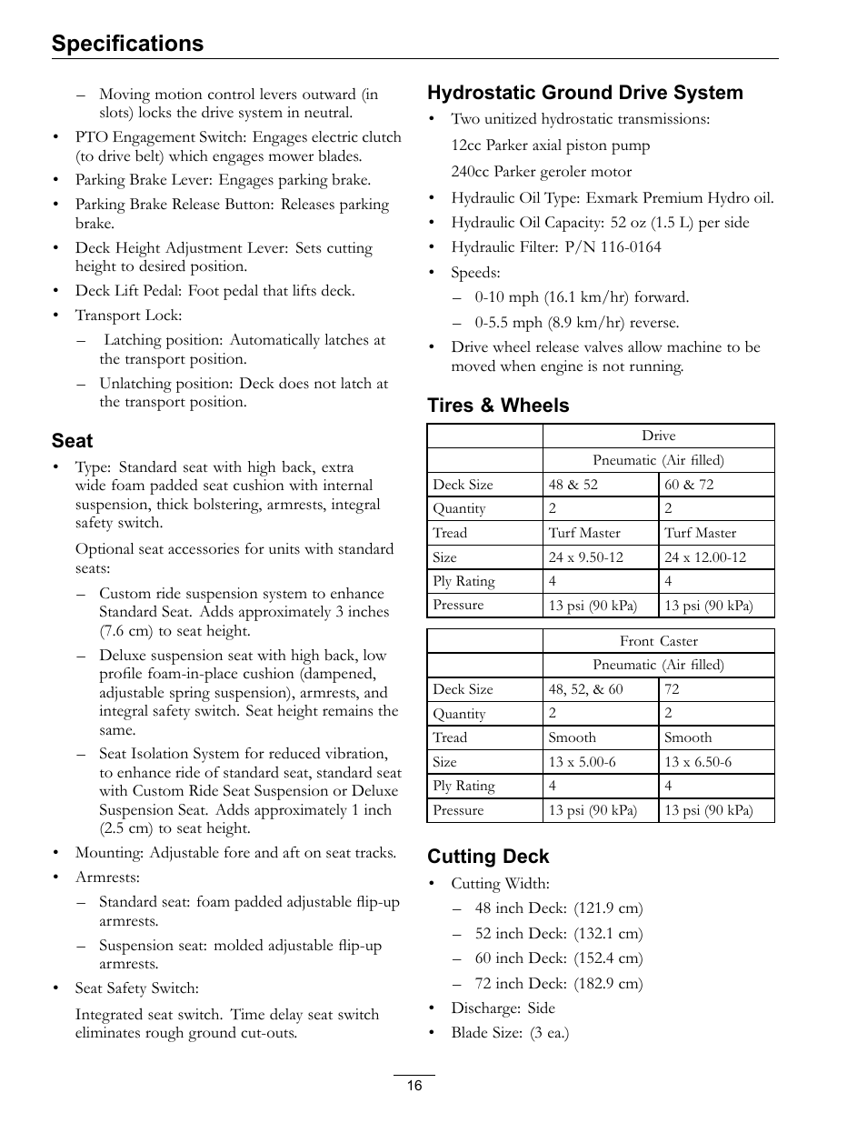 Specifications | Exmark Lazer Z Advantage Series X User Manual | Page 16 / 64