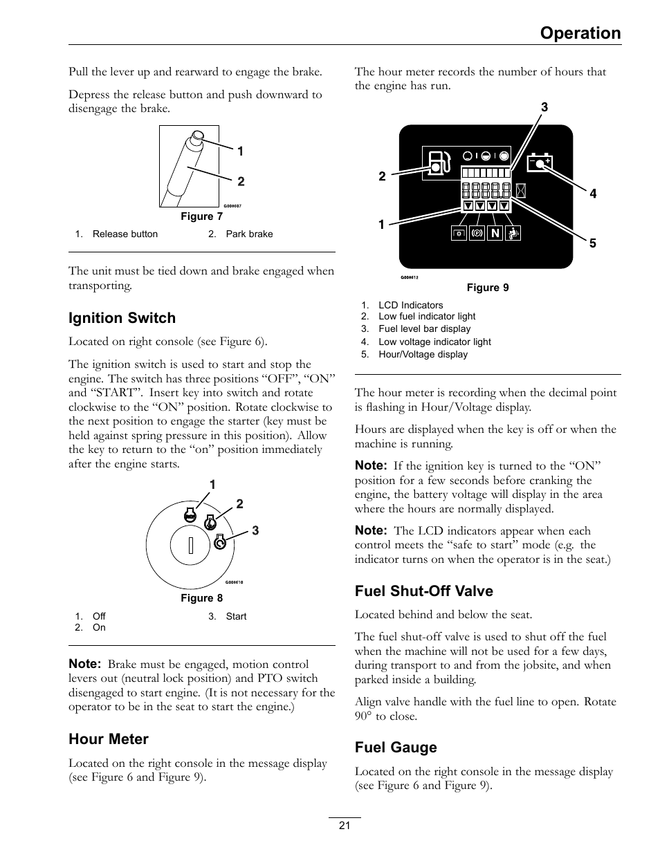 Figure 9, Figure 9), Operation | Ignition switch, Hour meter, Fuel shut-off valve, Fuel gauge | Exmark Lazer Z Advantage Series X User Manual | Page 21 / 64