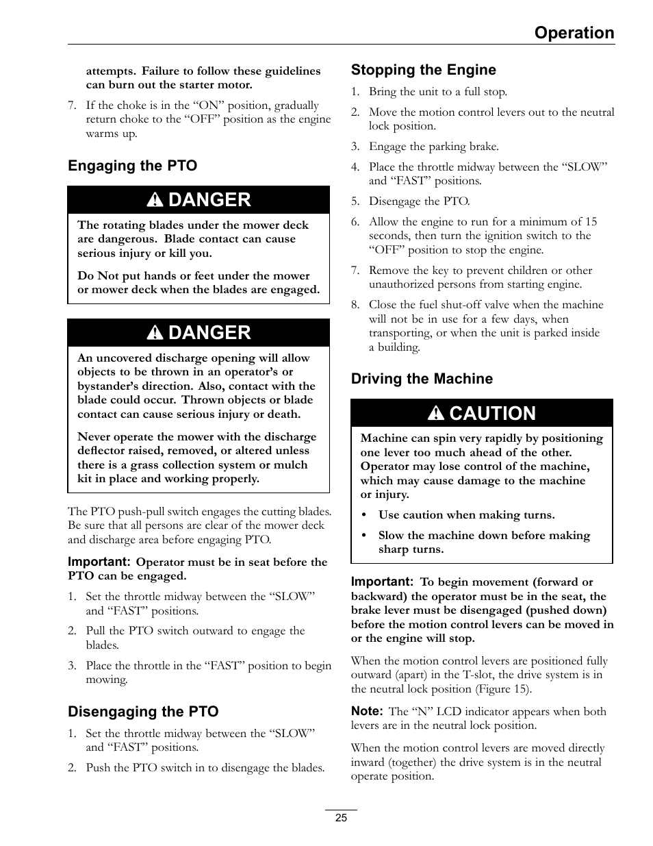 Danger, Caution, Operation | Exmark Lazer Z Advantage Series X User Manual | Page 25 / 64