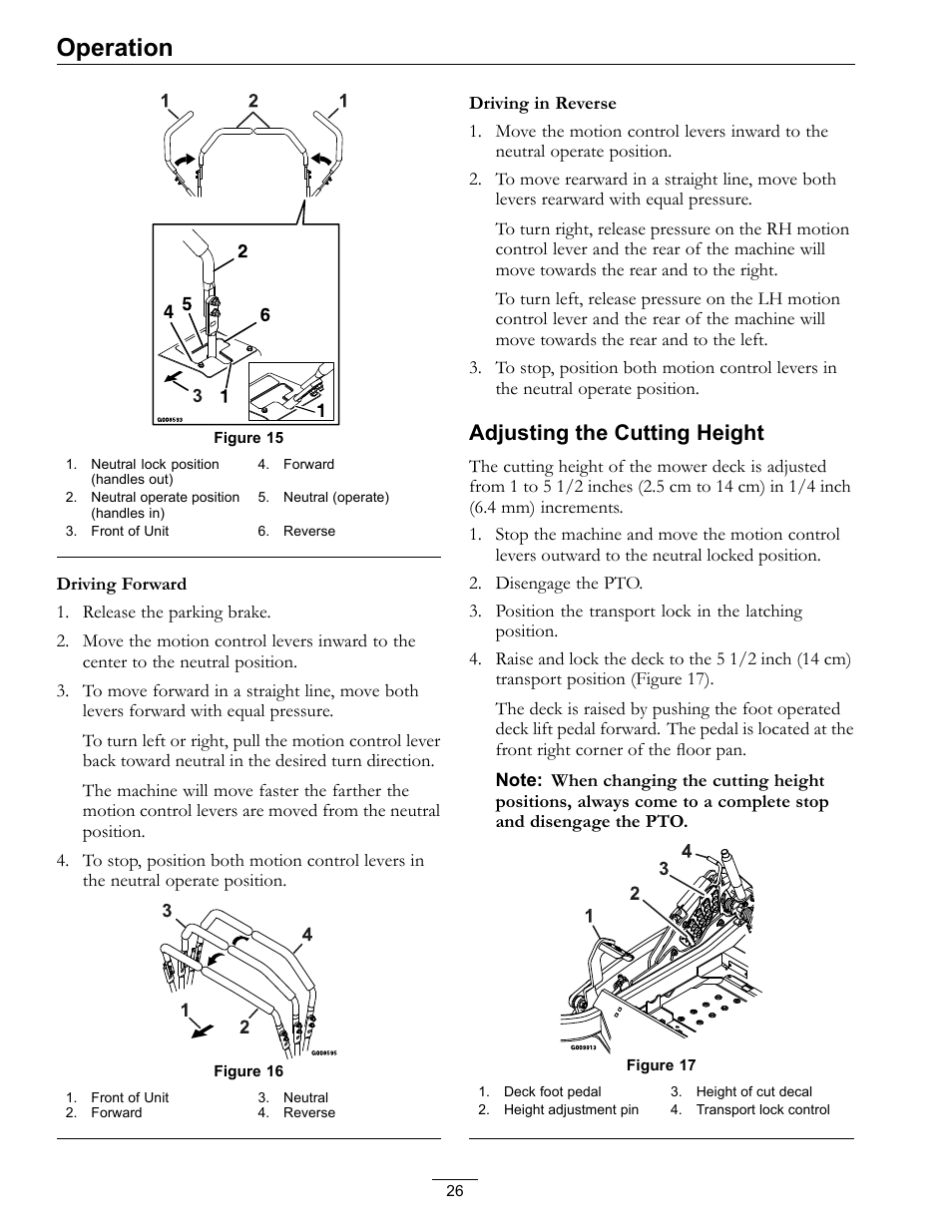 Operation, Adjusting the cutting height | Exmark Lazer Z Advantage Series X User Manual | Page 26 / 64