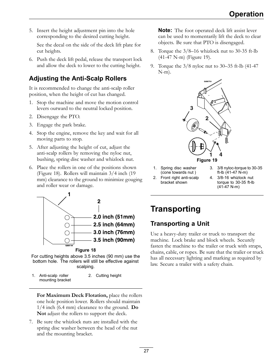 Transporting, Operation, Adjusting the anti-scalp rollers | Transporting a unit | Exmark Lazer Z Advantage Series X User Manual | Page 27 / 64