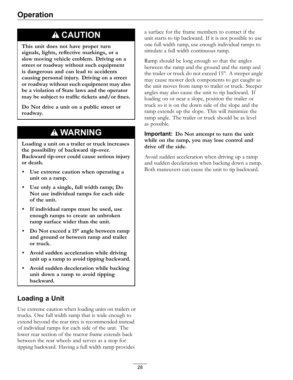 Caution, Warning, Operation | Exmark Lazer Z Advantage Series X User Manual | Page 28 / 64