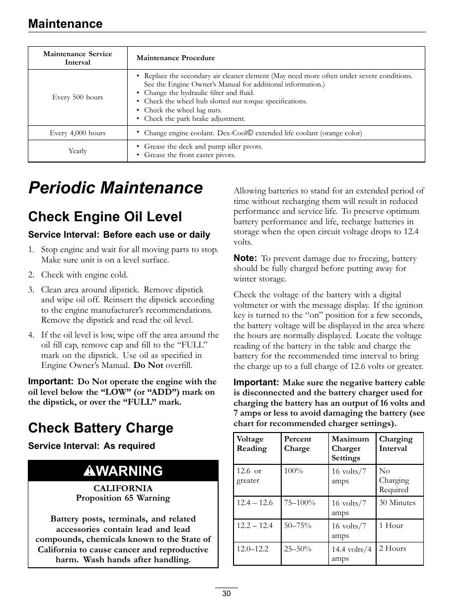 Periodic maintenance, Check engine oil level, Check battery charge | Warning, Maintenance | Exmark Lazer Z Advantage Series X User Manual | Page 30 / 64