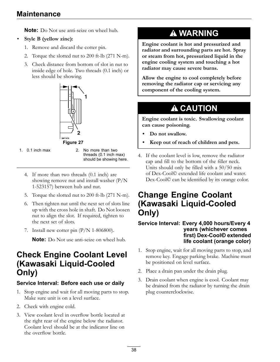 Check engine coolant level (kawasaki, Liquid-cooled only), Change engine coolant (kawasaki | Warning, Caution, Maintenance | Exmark Lazer Z Advantage Series X User Manual | Page 38 / 64