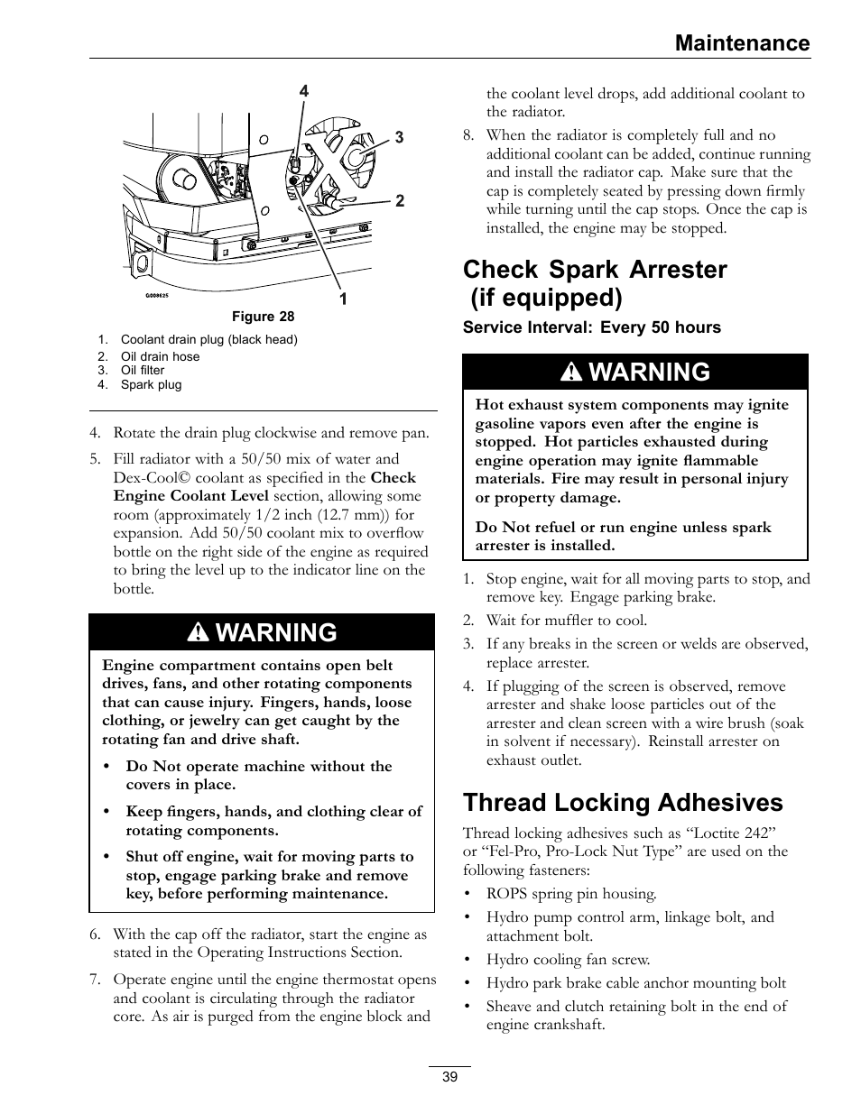 Warning, Check spark arrester (if equipped), Thread locking adhesives | Maintenance | Exmark Lazer Z Advantage Series X User Manual | Page 39 / 64