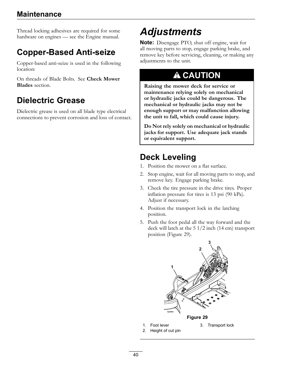 Copper-based anti-seize dielectric grease, Adjustments, Deck leveling | Copper-based anti-seize, Dielectric grease, Caution, Maintenance | Exmark Lazer Z Advantage Series X User Manual | Page 40 / 64