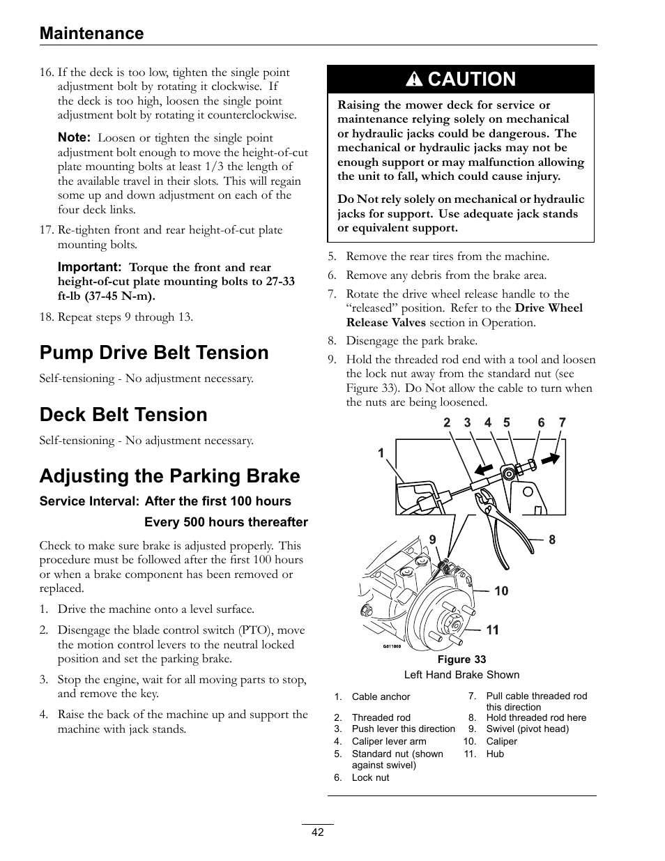 Pump drive belt tension, Deck belt tension, Adjusting the parking brake | Caution, Maintenance | Exmark Lazer Z Advantage Series X User Manual | Page 42 / 64