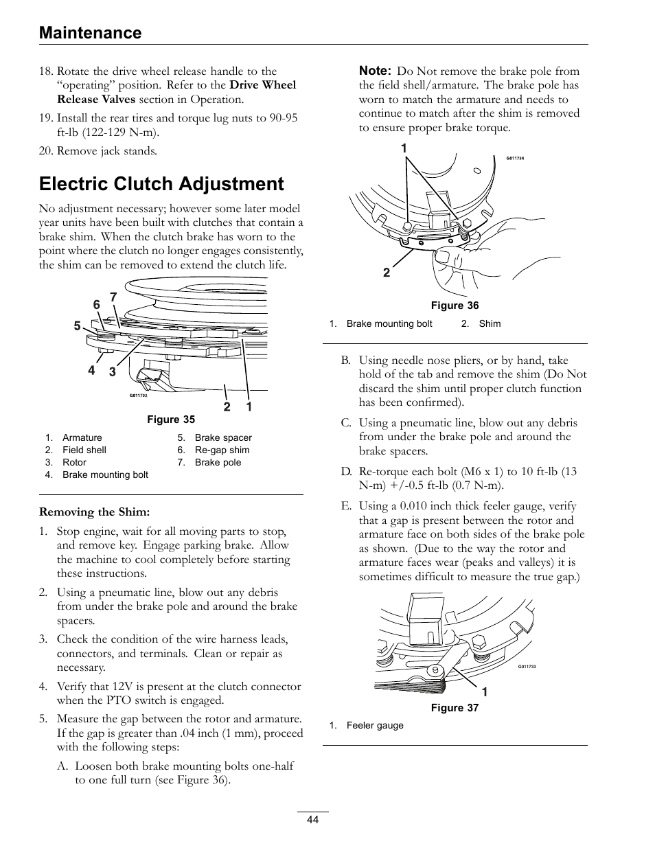 Electric clutch adjustment, Maintenance | Exmark Lazer Z Advantage Series X User Manual | Page 44 / 64