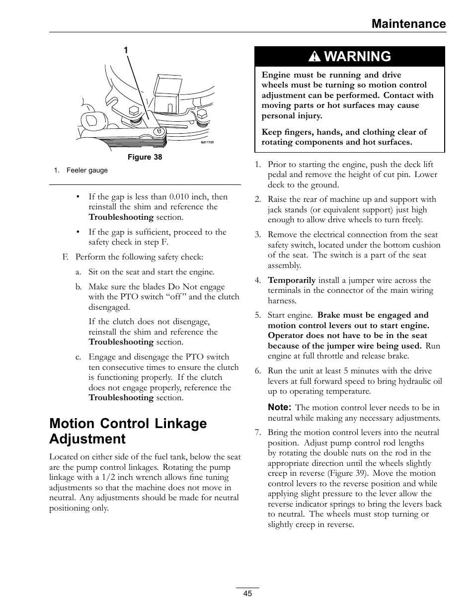 Motion control linkage adjustment, Warning, Maintenance | Exmark Lazer Z Advantage Series X User Manual | Page 45 / 64