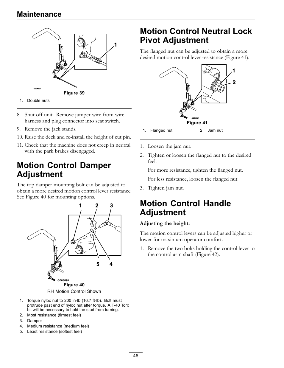 Adjustment, Motion control handle adjustment, Motion control damper adjustment | Motion control neutral lock pivot adjustment, Maintenance | Exmark Lazer Z Advantage Series X User Manual | Page 46 / 64