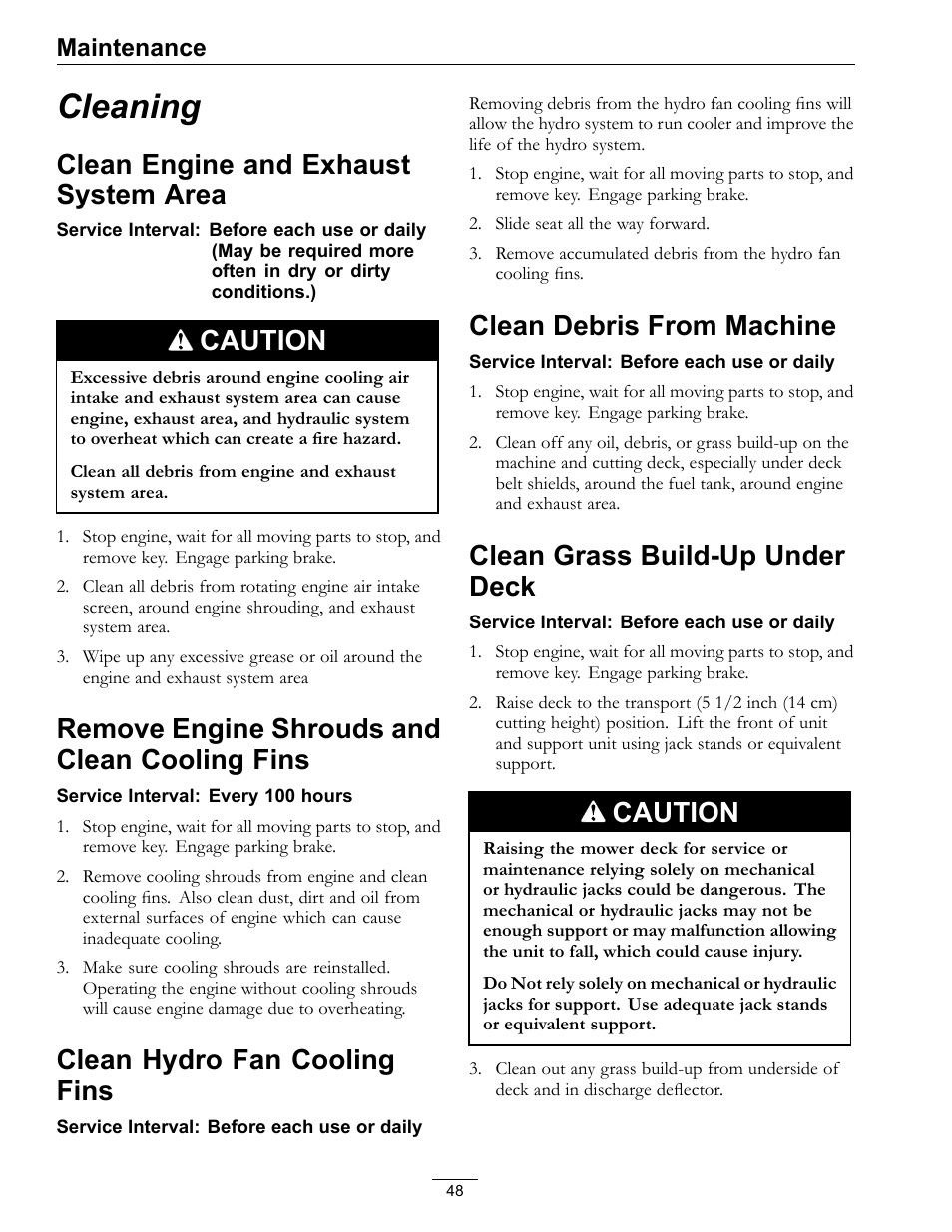Cleaning, Clean engine and exhaust system, Area | Remove engine shrouds and clean cooling, Fins, Clean engine and exhaust system area, Caution, Remove engine shrouds and clean cooling fins, Clean hydro fan cooling fins, Clean debris from machine | Exmark Lazer Z Advantage Series X User Manual | Page 48 / 64