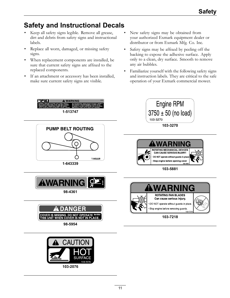 Safety and instructional decals, Safety | Exmark Frontrunner 4500-497 User Manual | Page 11 / 52