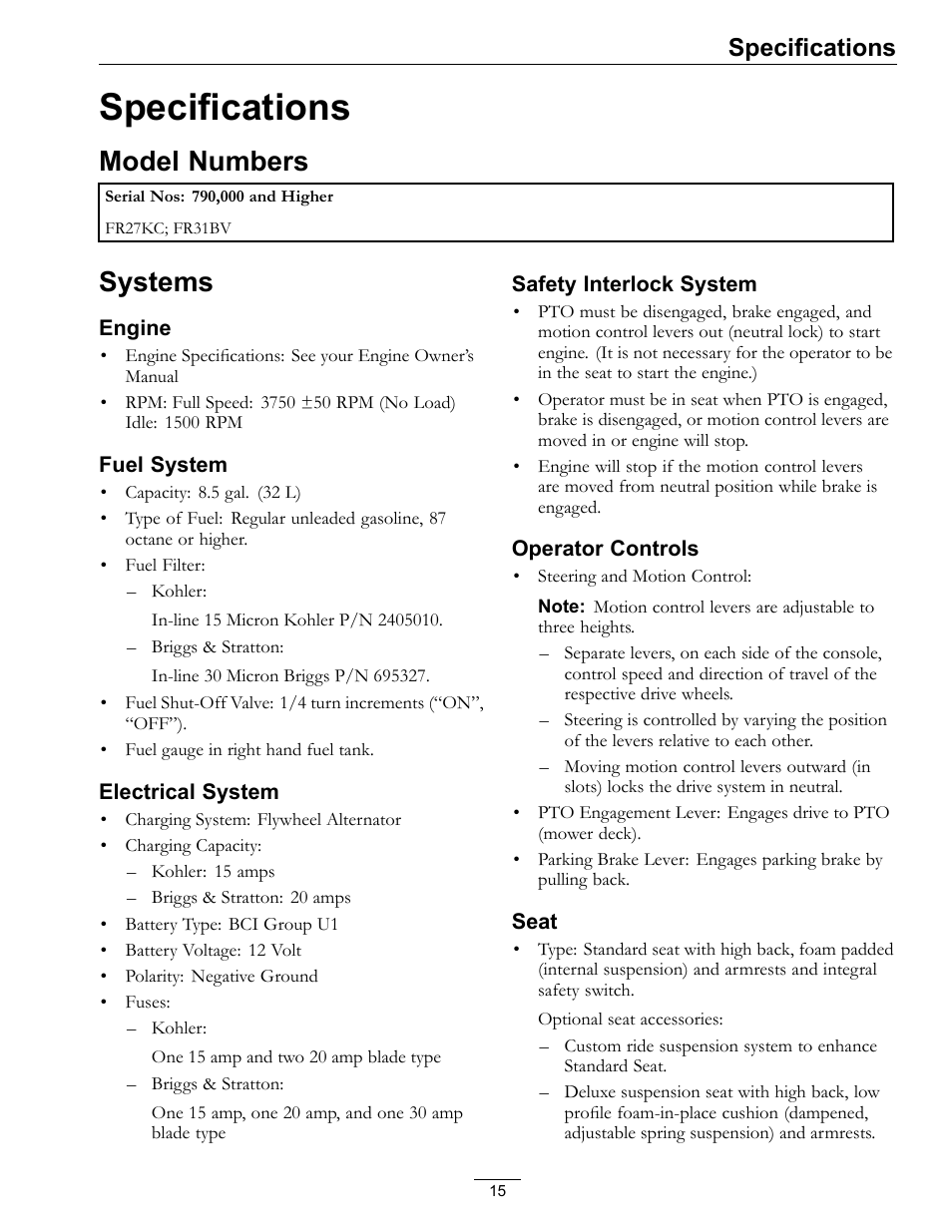 Specifications, Model numbers systems, Model numbers | Systems | Exmark Frontrunner 4500-497 User Manual | Page 15 / 52