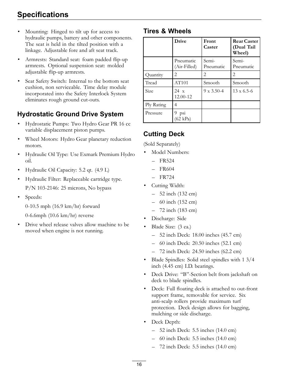 Specifications | Exmark Frontrunner 4500-497 User Manual | Page 16 / 52
