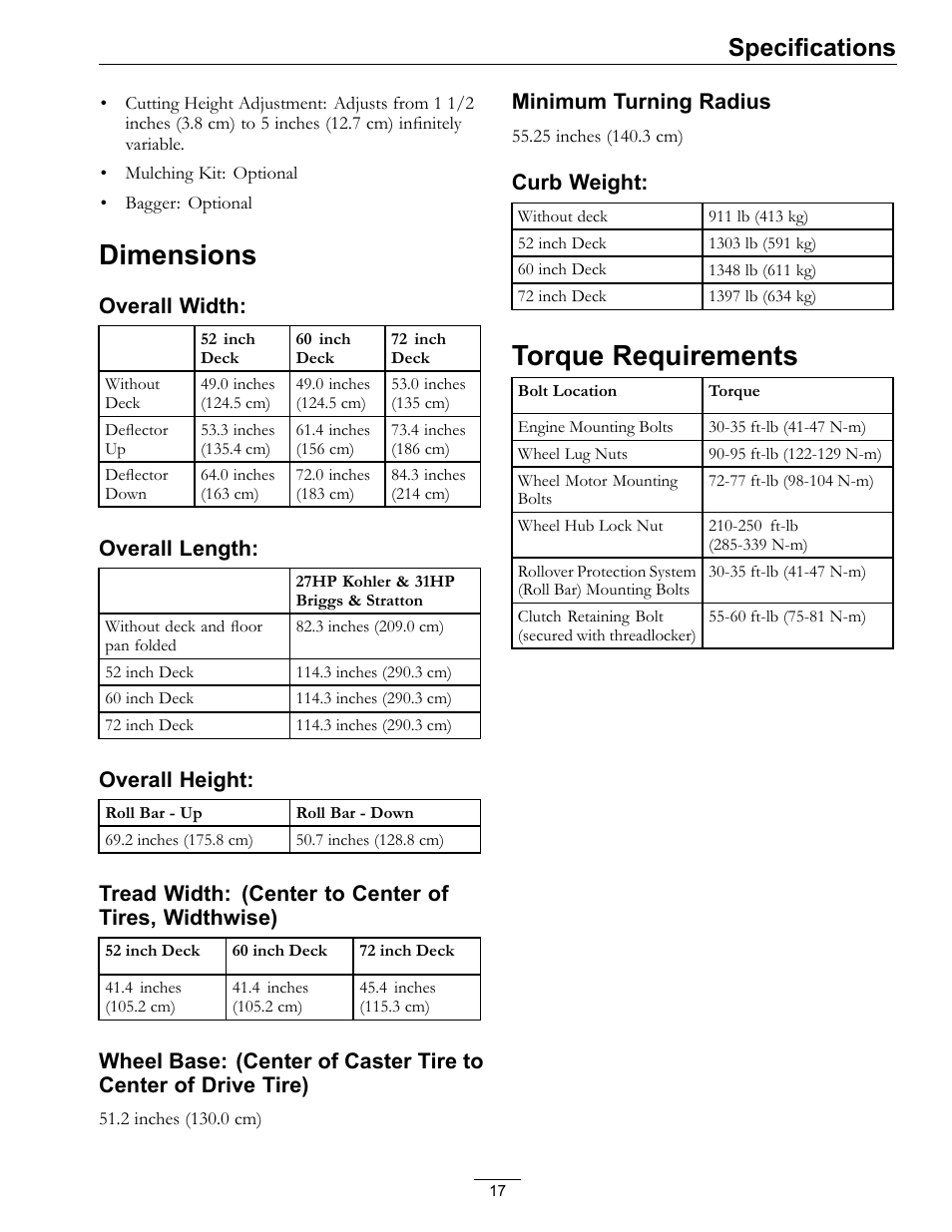 Dimensions torque requirements, Dimensions, Torque requirements | Specifications | Exmark Frontrunner 4500-497 User Manual | Page 17 / 52