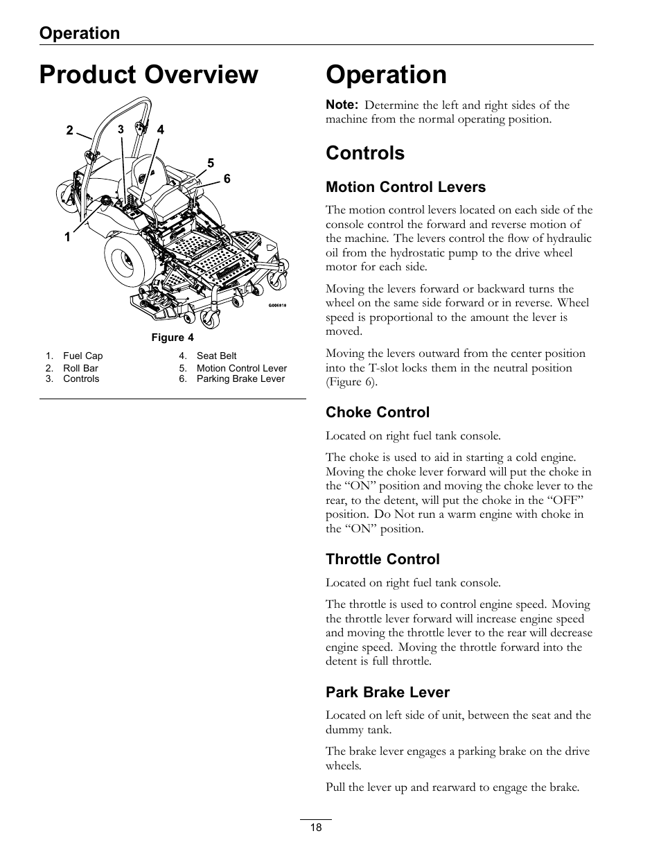 Product overview operation, Controls, Product overview | Operation | Exmark Frontrunner 4500-497 User Manual | Page 18 / 52