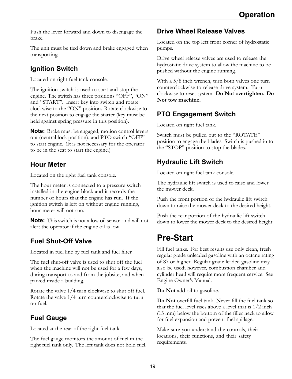 Pre-start, Operation | Exmark Frontrunner 4500-497 User Manual | Page 19 / 52