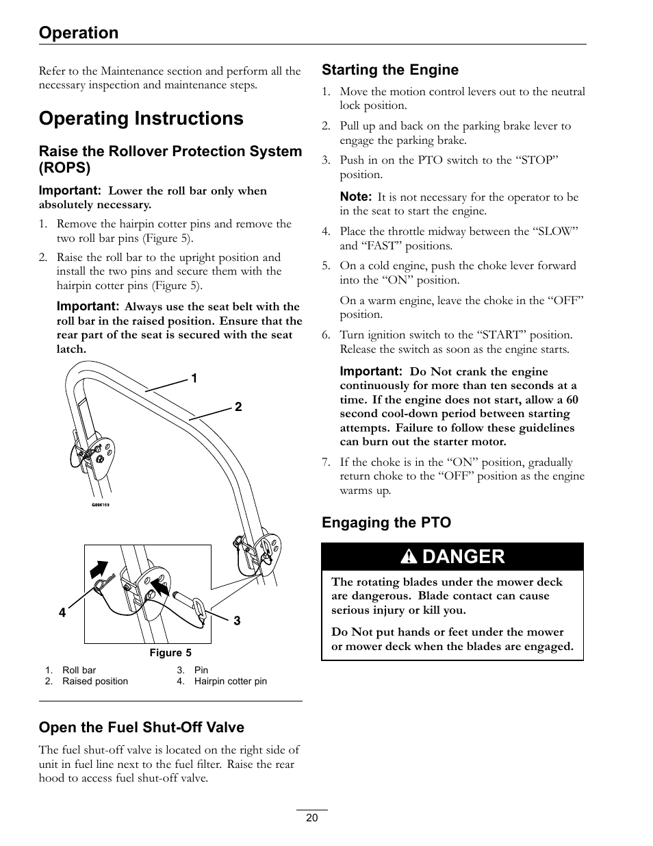 Operating instructions, Danger, Operation | Exmark Frontrunner 4500-497 User Manual | Page 20 / 52
