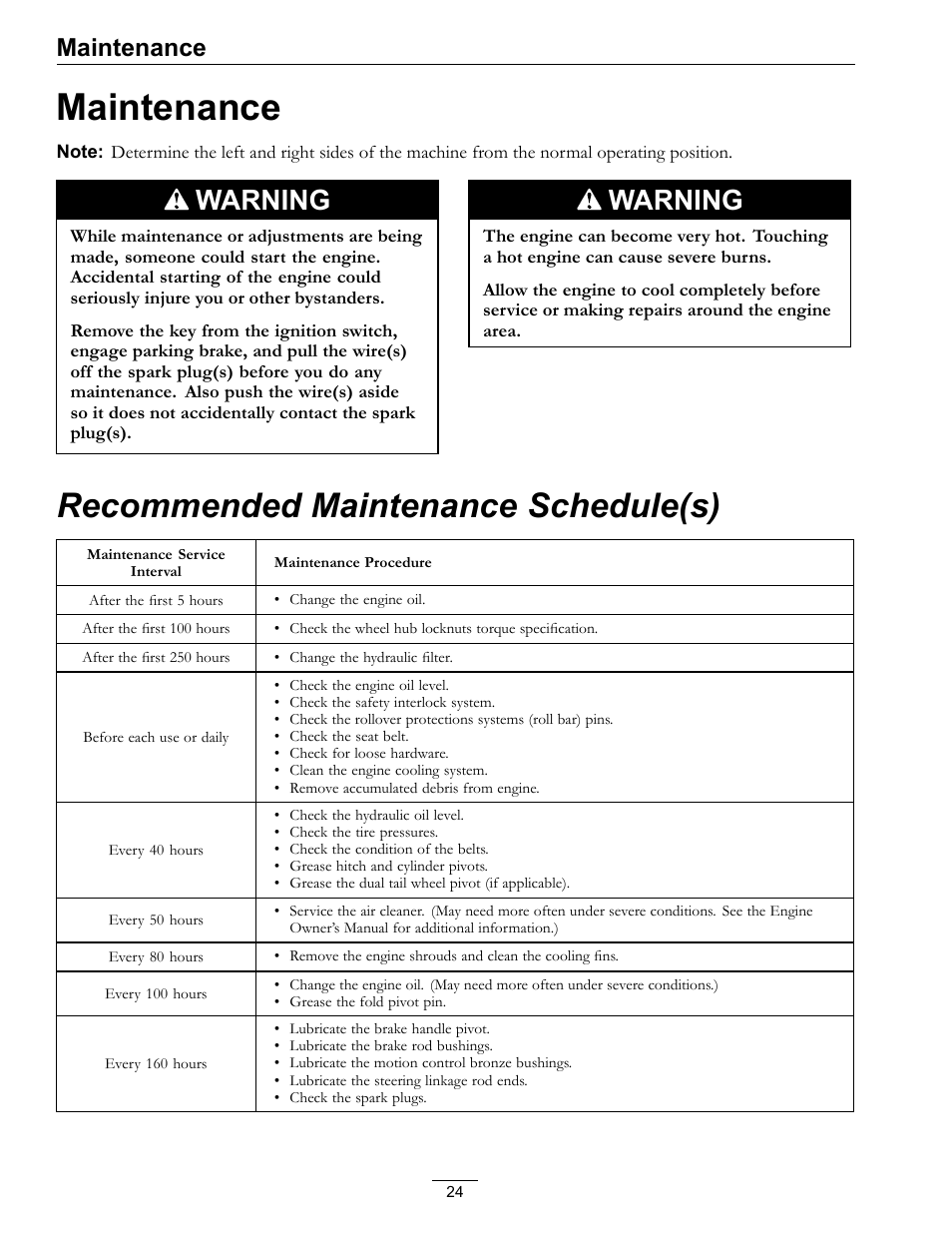 Maintenance, Recommended maintenance schedule(s), Warning | Exmark Frontrunner 4500-497 User Manual | Page 24 / 52