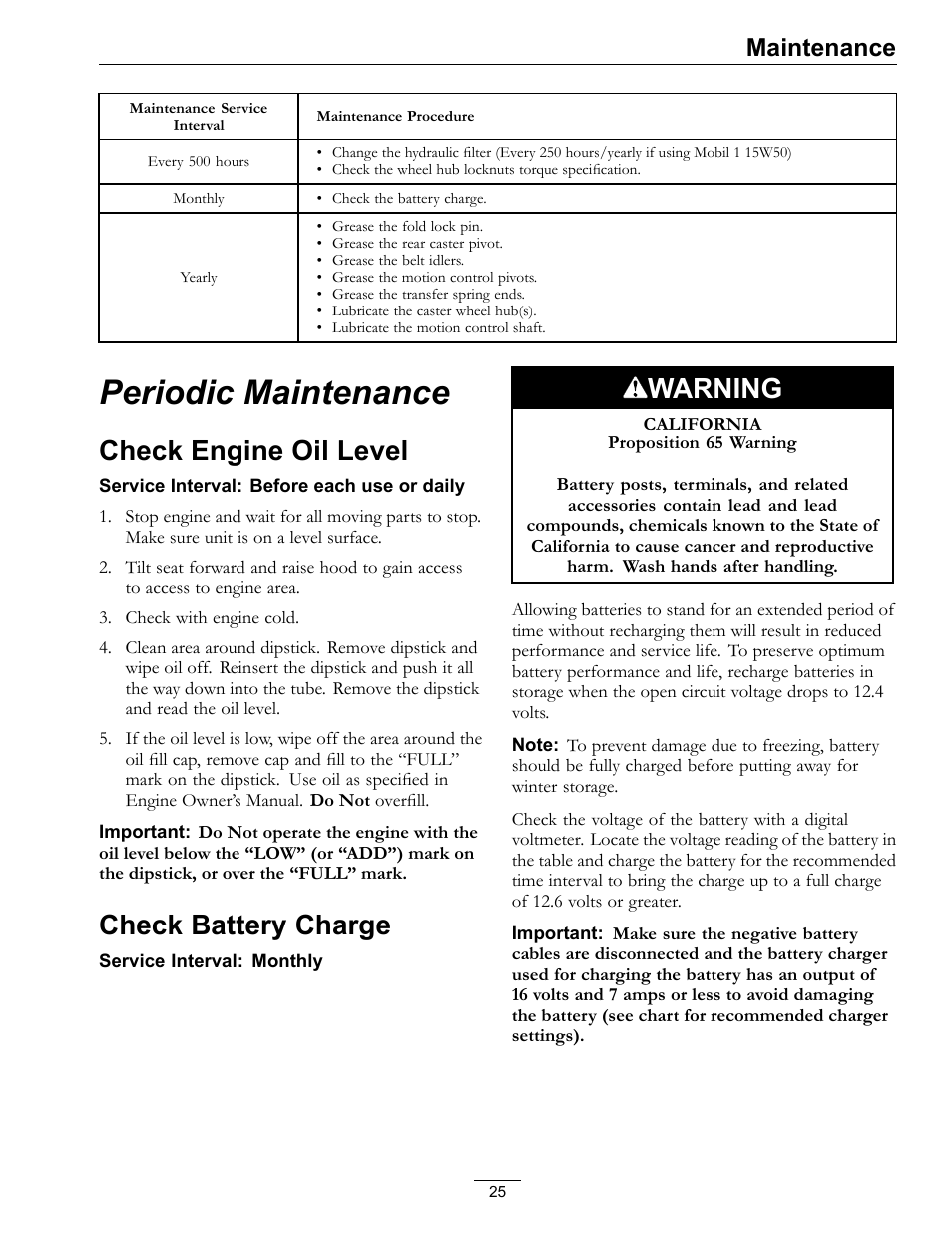 Periodic maintenance, Check engine oil level check battery charge, Check engine oil level | Check battery charge, Warning, Maintenance | Exmark Frontrunner 4500-497 User Manual | Page 25 / 52