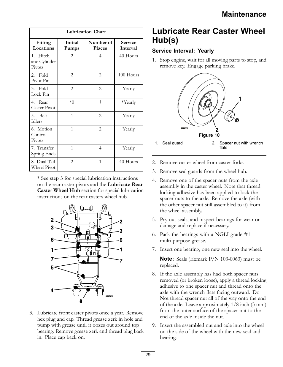 Lubricate rear caster wheel hub(s), Maintenance | Exmark Frontrunner 4500-497 User Manual | Page 29 / 52