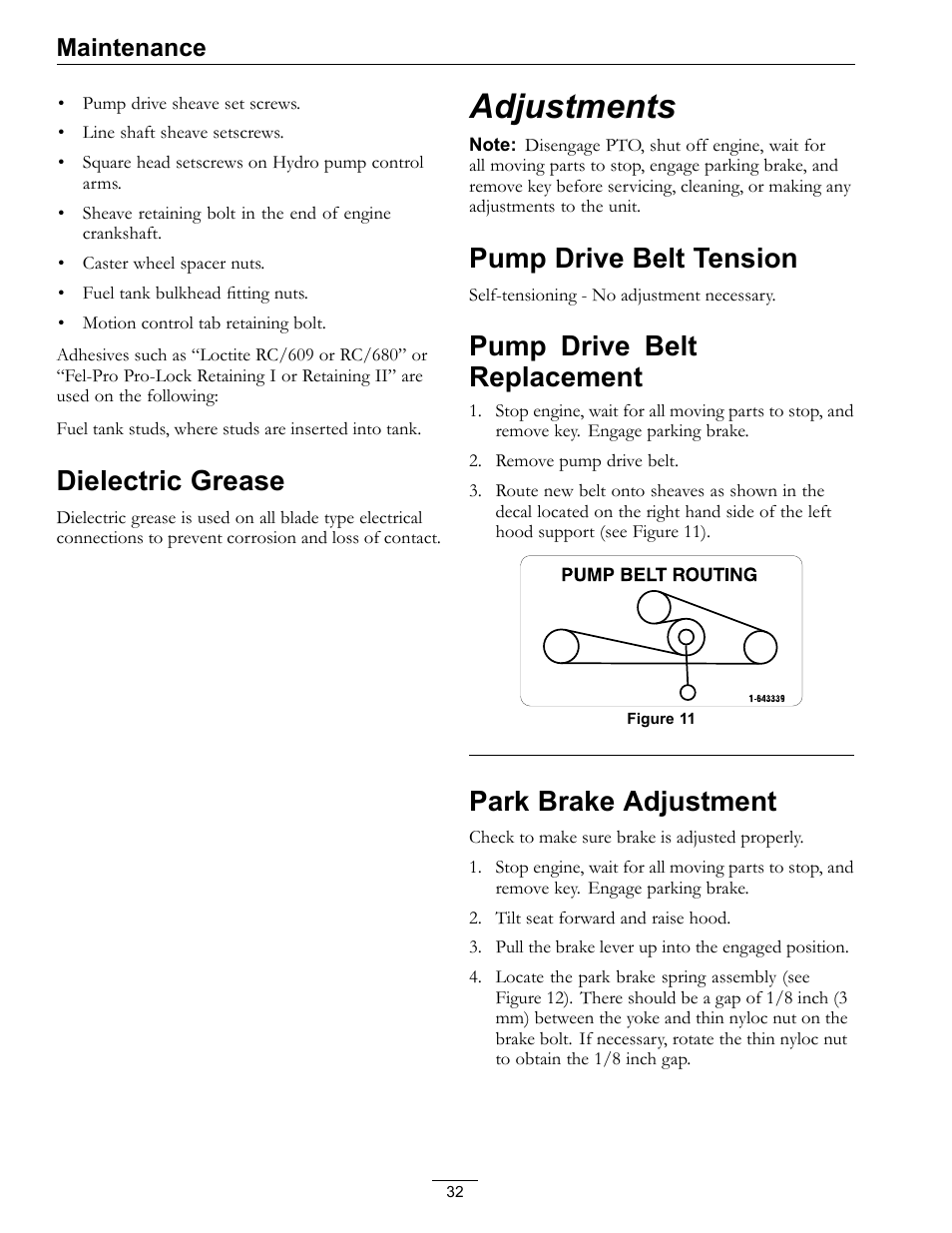 Dielectric grease, Adjustments, Pump drive belt tension | Pump drive belt replacement, Park brake adjustment, Maintenance | Exmark Frontrunner 4500-497 User Manual | Page 32 / 52
