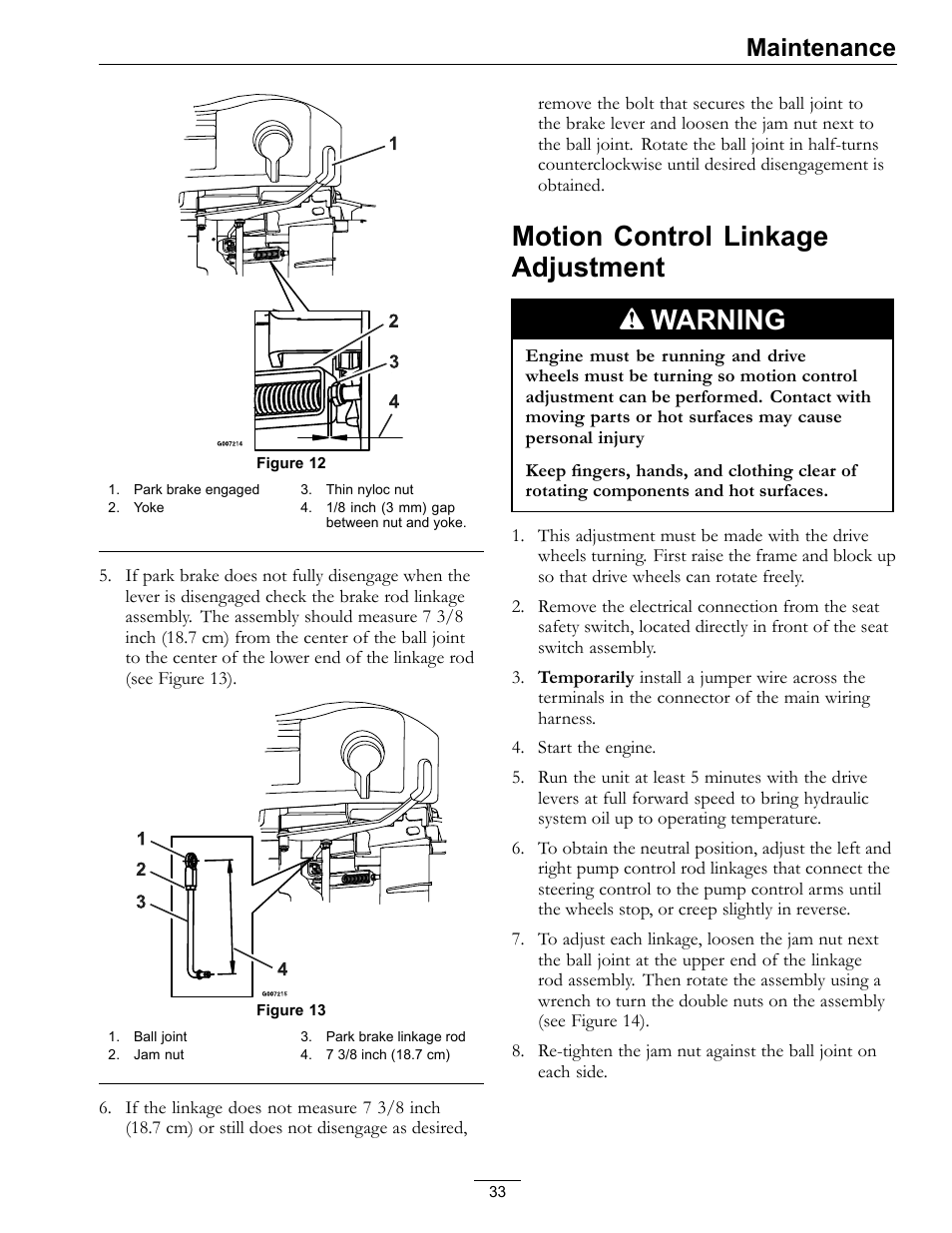 Motion control linkage adjustment, Motion control linkage adjustment warning, Maintenance | Exmark Frontrunner 4500-497 User Manual | Page 33 / 52
