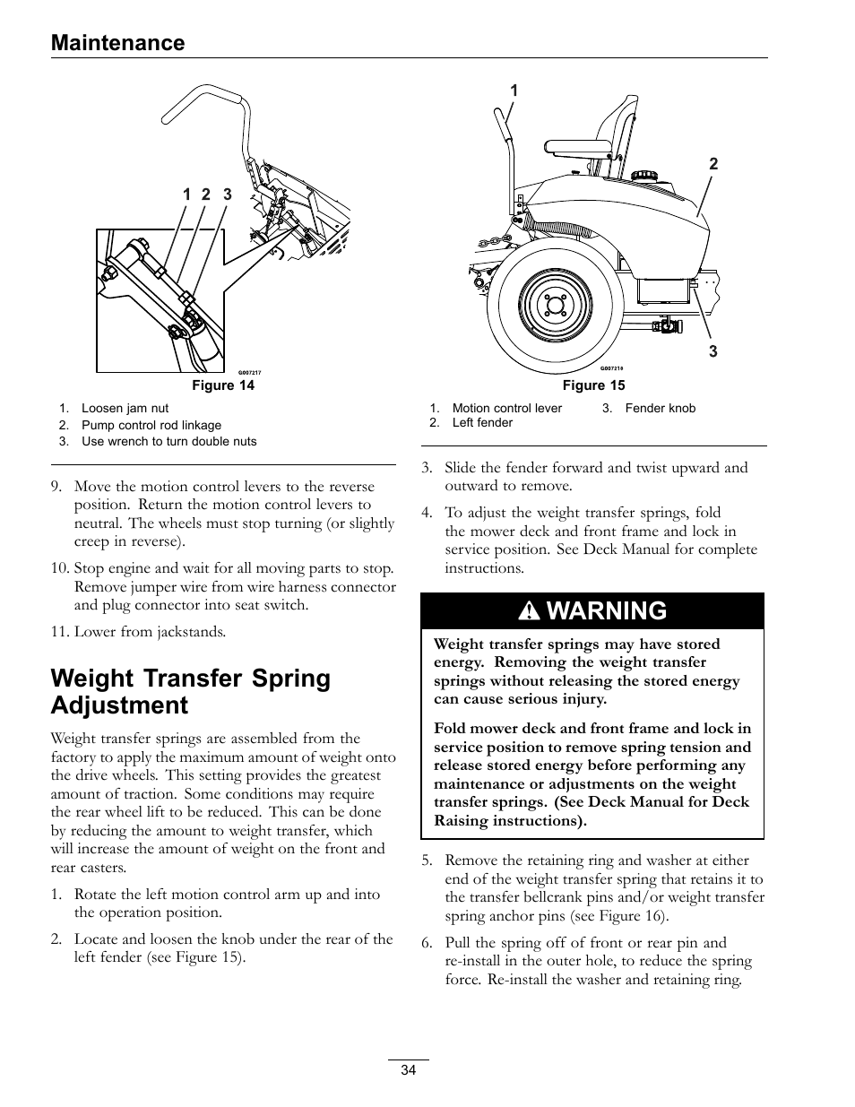 Weight transfer spring adjustment, Warning, Maintenance | Exmark Frontrunner 4500-497 User Manual | Page 34 / 52