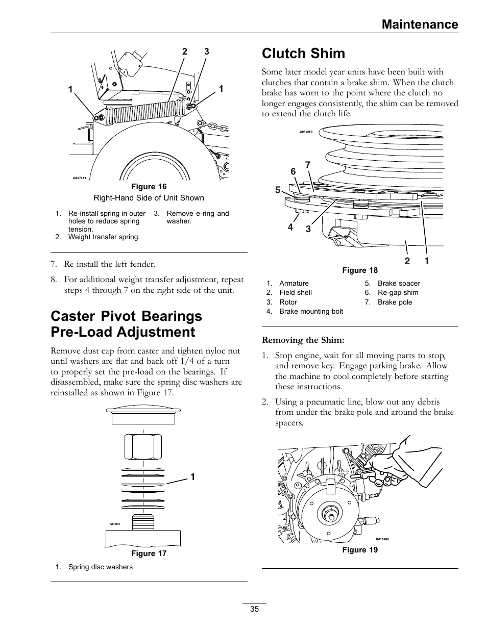 Caster pivot bearings pre-load, Adjustment, Clutch shim | Caster pivot bearings pre-load adjustment, Maintenance | Exmark Frontrunner 4500-497 User Manual | Page 35 / 52
