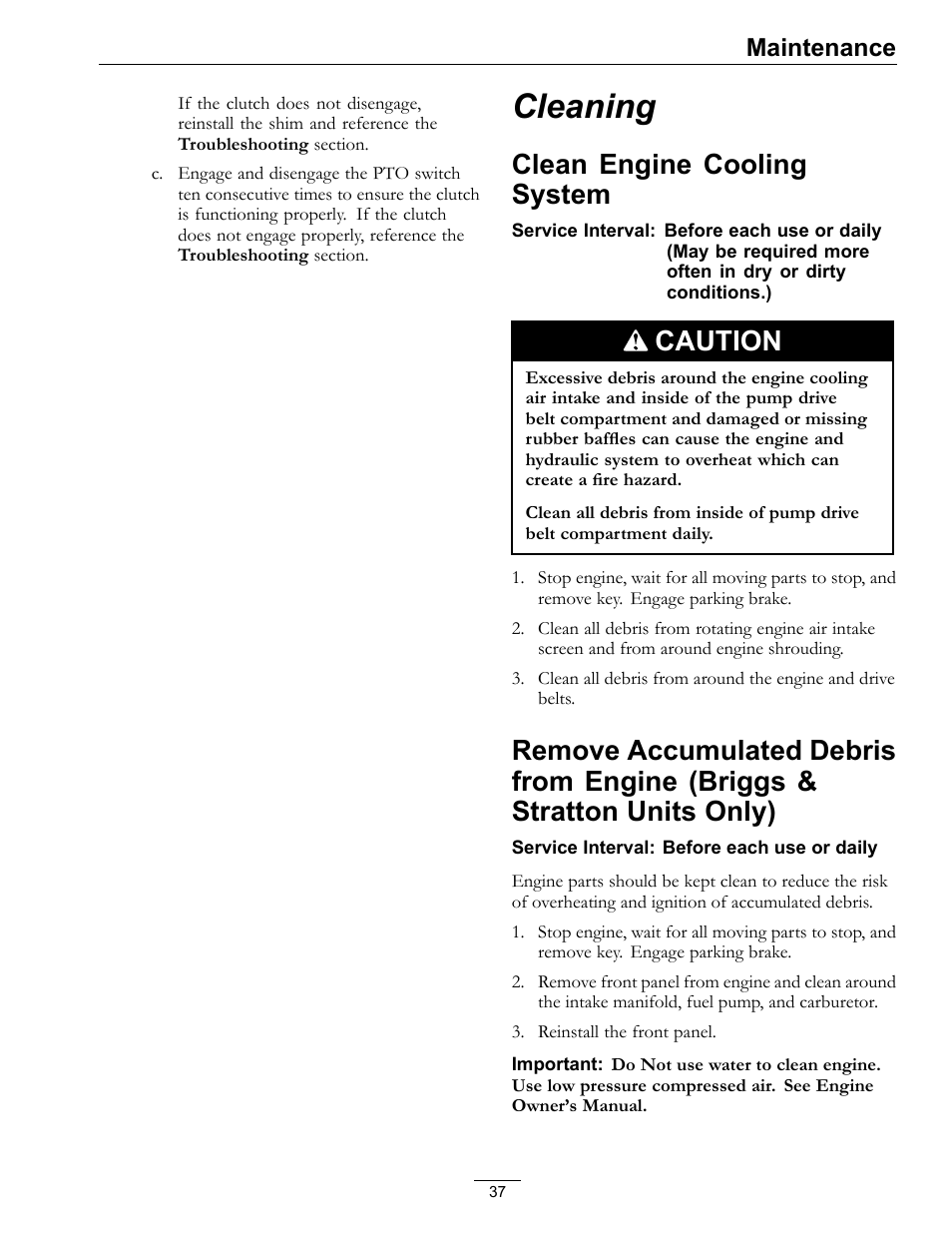 Cleaning, Engine (briggs & stratton units only), Clean engine cooling system | Caution, Maintenance | Exmark Frontrunner 4500-497 User Manual | Page 37 / 52