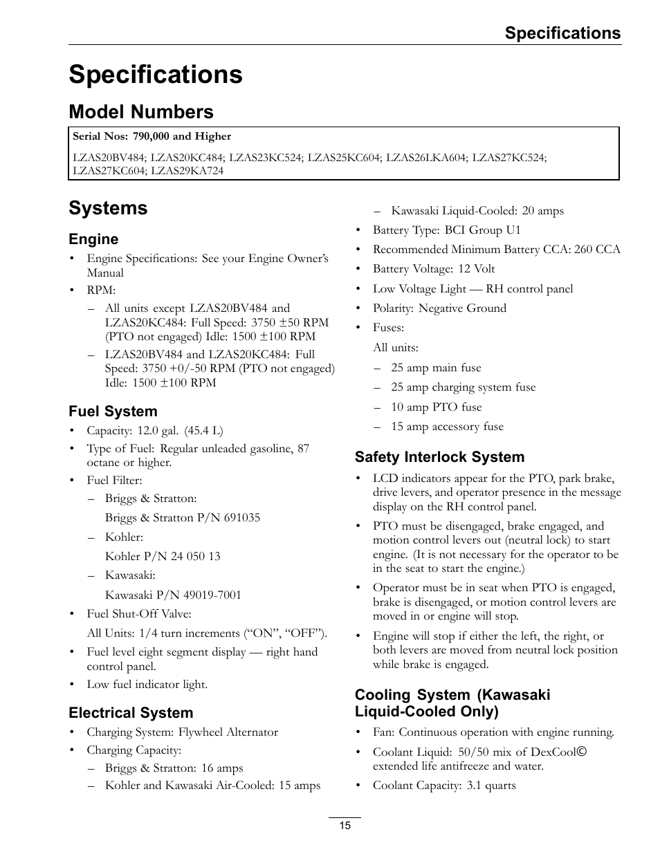 Specifications, Model numbers systems, Model numbers | Systems | Exmark lazer Z 790 User Manual | Page 15 / 60