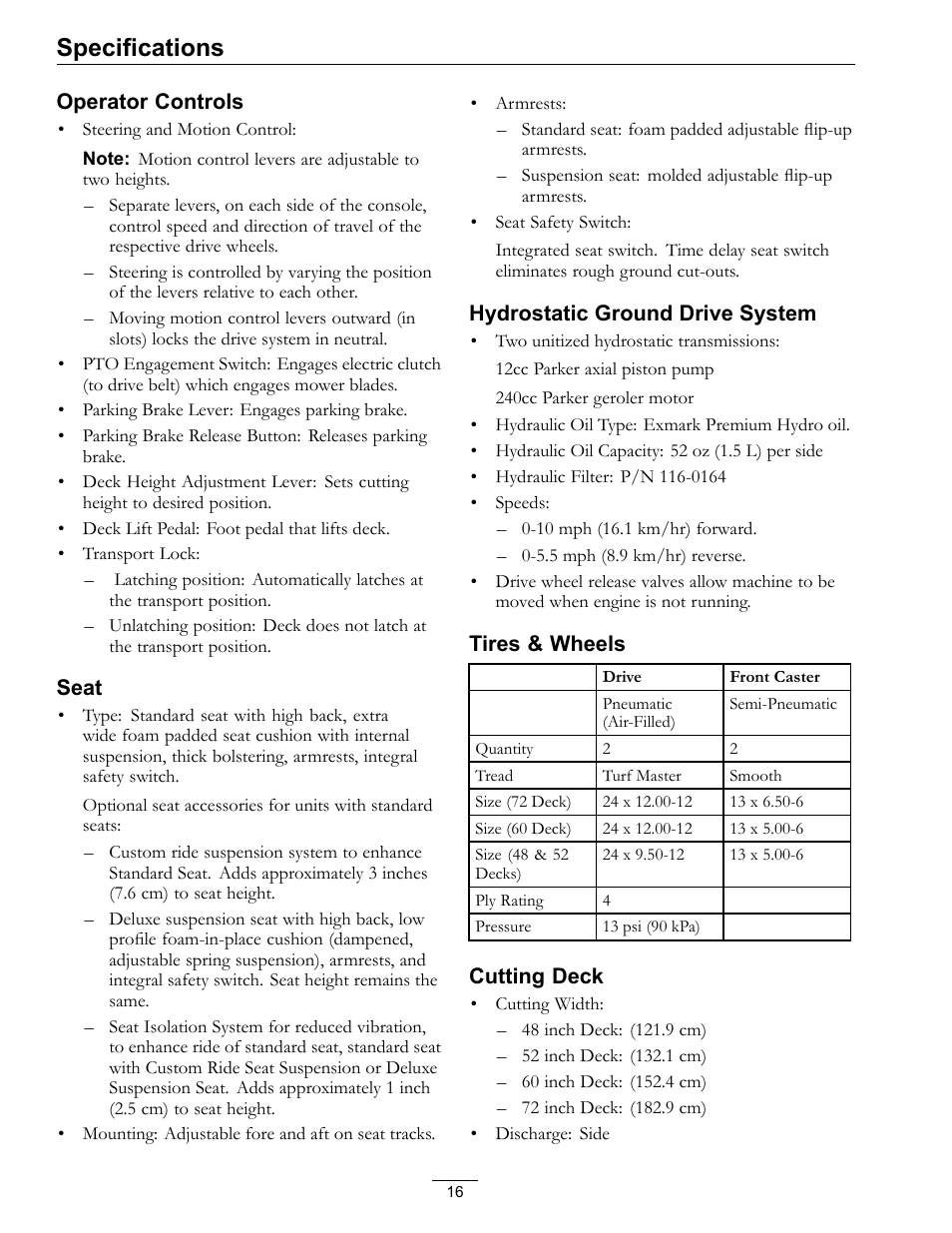 Specifications | Exmark lazer Z 790 User Manual | Page 16 / 60