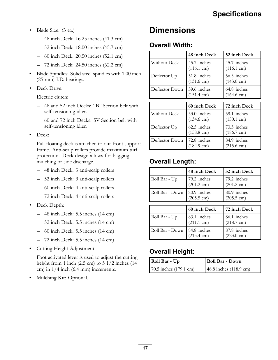 Dimensions, Specifications | Exmark lazer Z 790 User Manual | Page 17 / 60