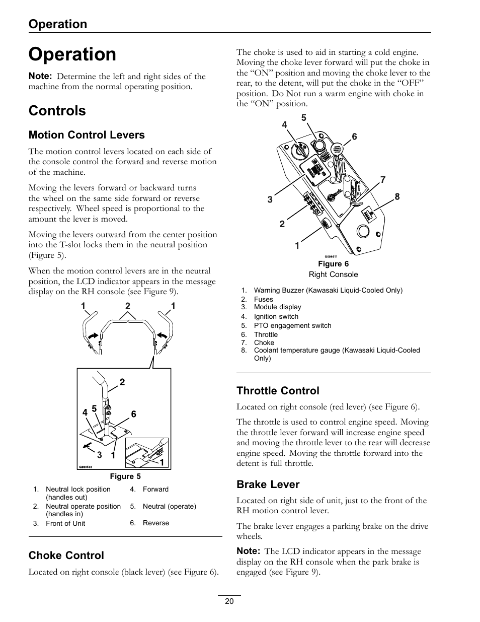 Operation, Controls, Motion control levers | Choke control, Throttle control, Brake lever | Exmark lazer Z 790 User Manual | Page 20 / 60